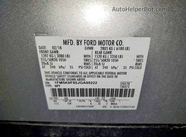 1FM5K8F85JGA99222 2018 FORD EXPLORER Серебряный Вид наклейки с VIN-кодом