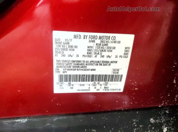 1FM5K8F87HGD01486 2017 FORD EXPLORER Красный Вид наклейки с VIN-кодом