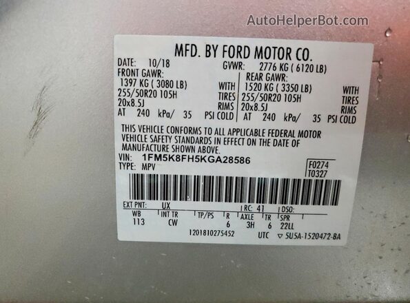 1FM5K8FH5KGA28586 2019 FORD EXPLORER Silver Widok naklejki z numerem VIN
