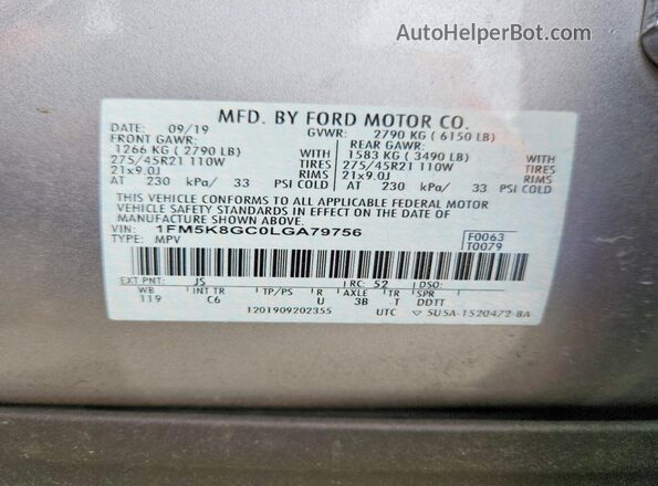 1FM5K8GC0LGA79756 2020 FORD EXPLORER Серебряный Вид наклейки с VIN-кодом
