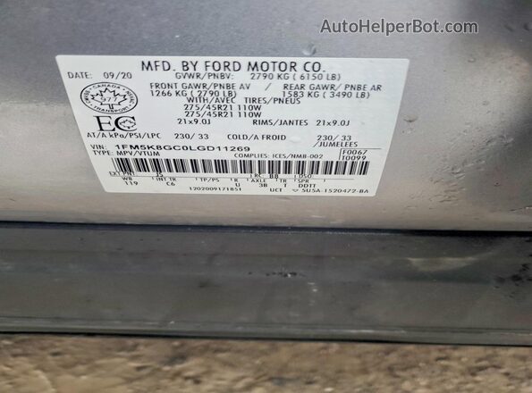 1FM5K8GC0LGD11269 2020 FORD EXPLORER Silver Widok wnętrza 360 stopni