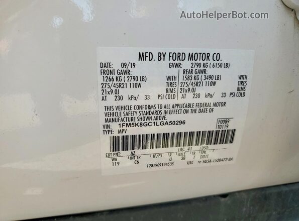1FM5K8GC1LGA50296 2020 FORD EXPLORER Белый Вид подкапотного пространства