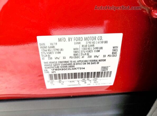 1FM5K8GC2LGA77314 2020 FORD EXPLORER Красный Вид наклейки с VIN-кодом