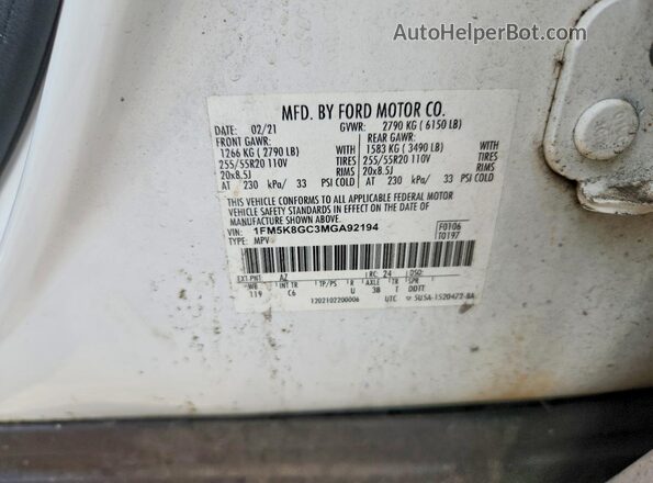 1FM5K8GC3MGA92194 2021 FORD EXPLORER Белый Вид наклейки с VIN-кодом