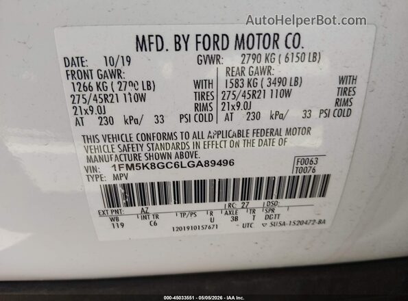 1FM5K8GC6LGA89496 2020 FORD FORD EXPLORER Белый Вид подкапотного пространства