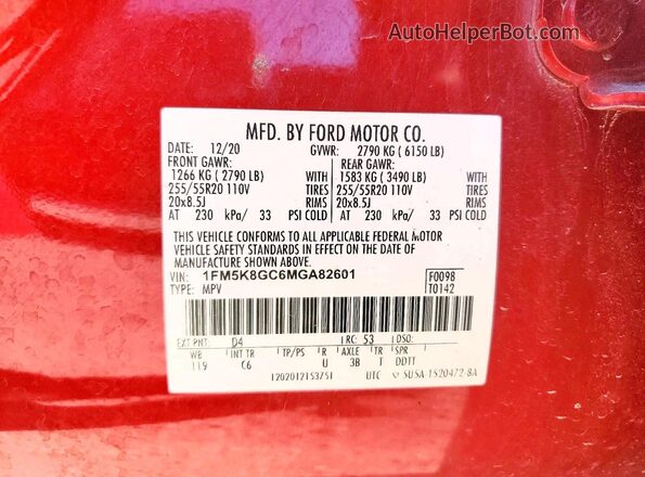 1FM5K8GC6MGA82601 2021 FORD EXPLORER Красный Вид наклейки с VIN-кодом