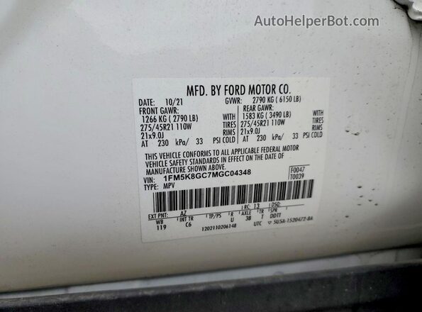 1FM5K8GC7MGC04348 2021 FORD EXPLORER Белый Вид наклейки с VIN-кодом