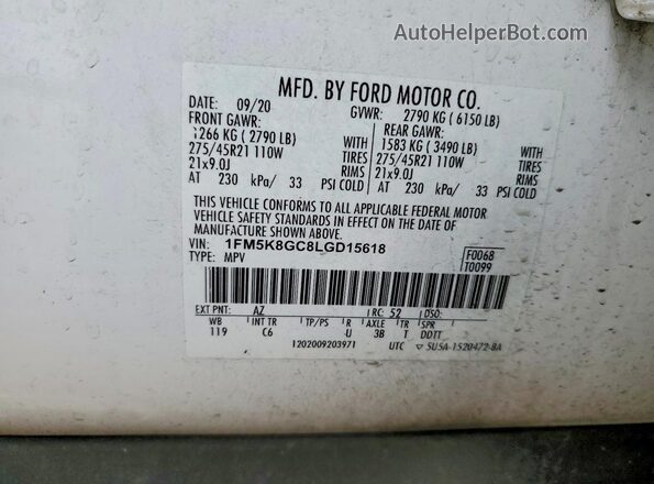 1FM5K8GC8LGD15618 2020 FORD EXPLORER White Widok komory silnika