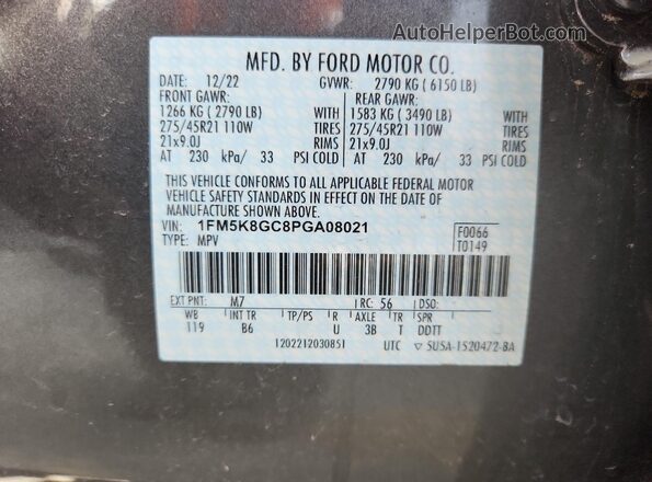 1FM5K8GC8PGA08021 2023 FORD EXPLORER Серый Вид наклейки с VIN-кодом