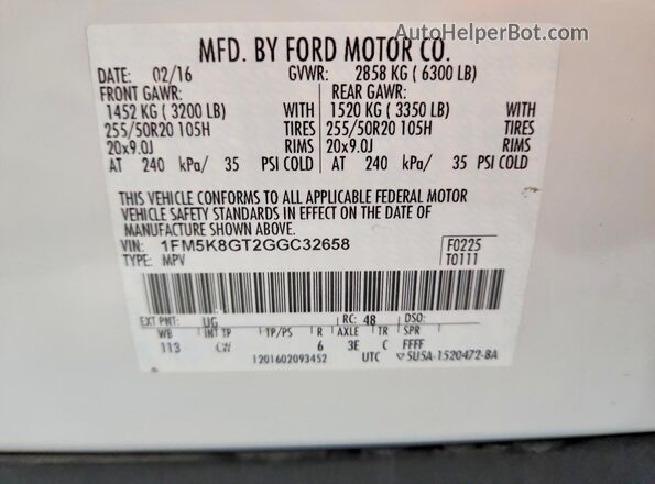 1FM5K8GT2GGC32658 2016 FORD EXPLORER White Vista de la etiqueta del VIN