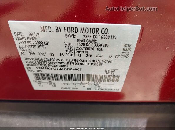 1FM5K8GT3JGC64607 2018 FORD EXPLORER Красный Вид подкапотного пространства