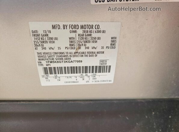 1FM5K8GT3KGA77059 2019 FORD EXPLORER Silver Widok naklejki z numerem VIN