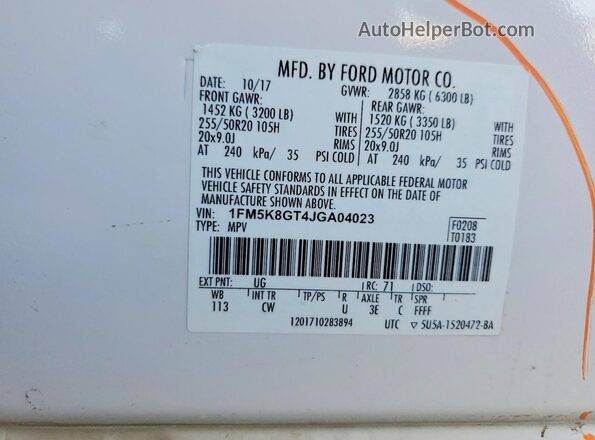 1FM5K8GT4JGA04023 2018 FORD EXPLORER Белый Вид наклейки с VIN-кодом
