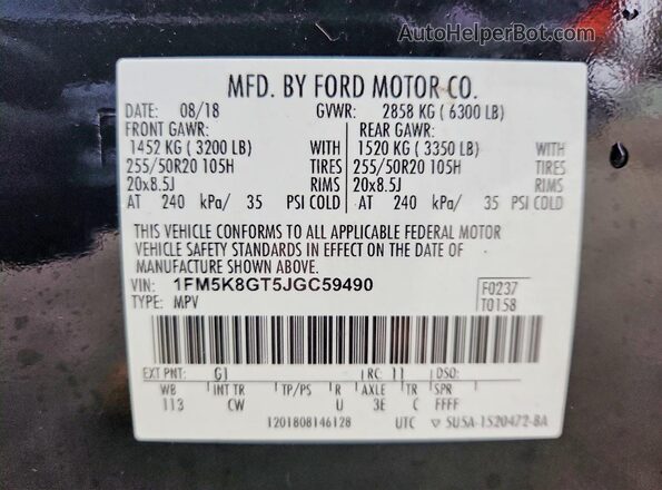 1FM5K8GT5JGC59490 2018 FORD EXPLORER Black VIN կոդի պիտակի տեսք