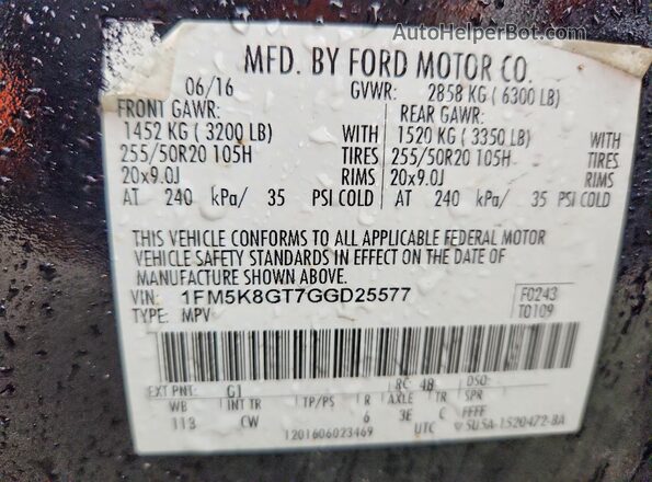 1FM5K8GT7GGD25577 2016 FORD EXPLORER Black Vista de la etiqueta del VIN