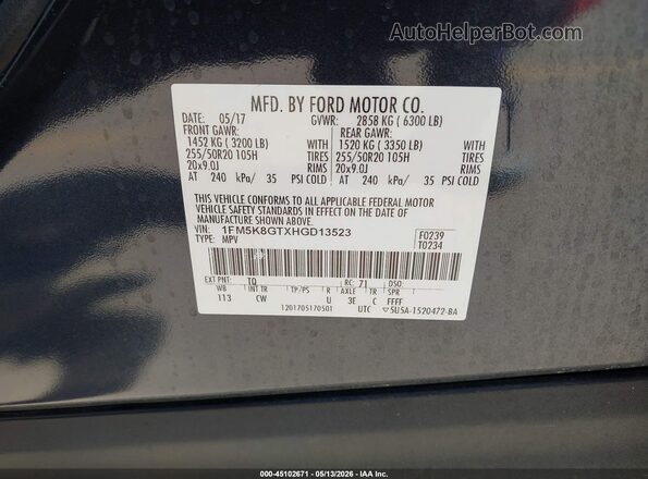 1FM5K8GTXHGD13523 2017 FORD FORD EXPLORER Серый Вид подкапотного пространства