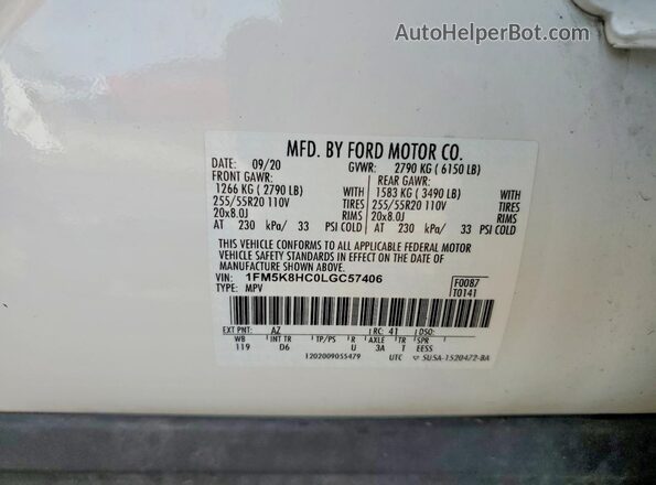 1FM5K8HC0LGC57406 2020 FORD FORD EXPLORER White Widok naklejki z numerem VIN