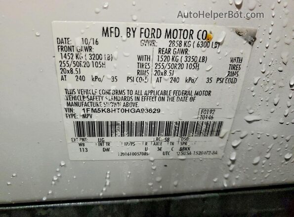 1FM5K8HT0HGA93629 2017 FORD EXPLORER White VIN sticker view