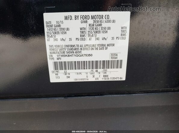 1FM5K8HT1GGA75350 2016 FORD EXPLORER Black Vista del compartimento del motor