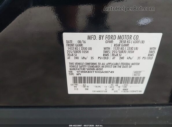 1FM5K8HT1HGA56749 2017 FORD EXPLORER Black Widok komory silnika