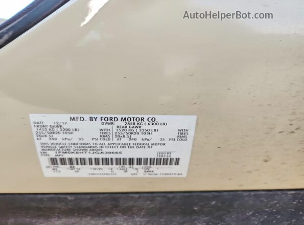 1FM5K8HT1JGA39665 2018 FORD EXPLORER Cream Widok wnętrza 360 stopni