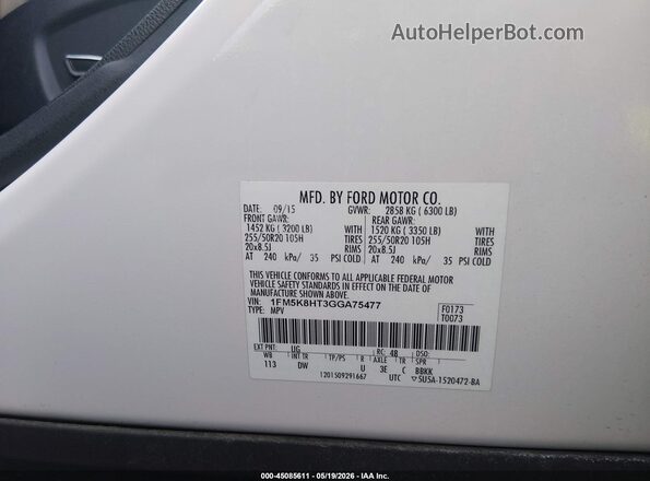1FM5K8HT3GGA75477 2016 FORD EXPLORER Белый Вид подкапотного пространства