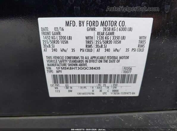 1FM5K8HT3GGC38435 2016 FORD FORD EXPLORER Черный Вид подкапотного пространства