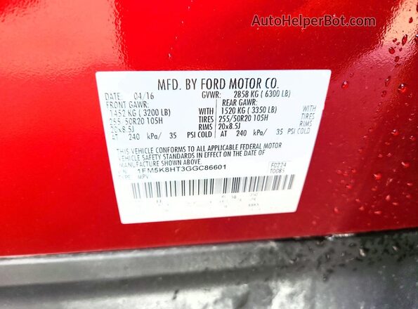 1FM5K8HT3GGC86601 2016 FORD EXPLORER Красный Вид наклейки с VIN-кодом