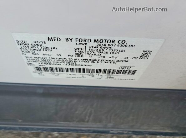 1FM5K8HT3JGC38068 2018 FORD EXPLORER Белый Вид наклейки с VIN-кодом