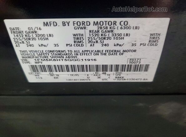 1FM5K8HT5GGC11916 2016 FORD EXPLORER Black VIN sticker view