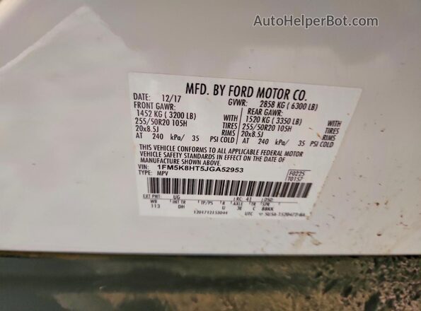 1FM5K8HT5JGA52953 2018 FORD EXPLORER White Вид наклейки з VIN-кодом
