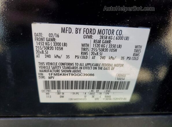 1FM5K8HT9GGC39086 2016 FORD EXPLORER Black Widok naklejki z numerem VIN