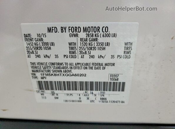 1FM5K8HTXGGA60202 2016 FORD EXPLORER White Widok naklejki z numerem VIN