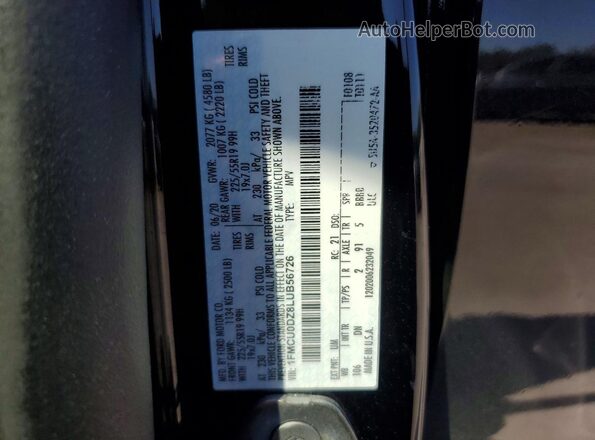 1FMCU0DZ8LUB56726 2020 FORD ESCAPE Черный Вид наклейки с VIN-кодом
