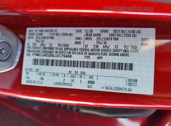 1FMCU0DZ8LUC75408 2020 FORD ESCAPE Красный Панорамный вид салона 360°