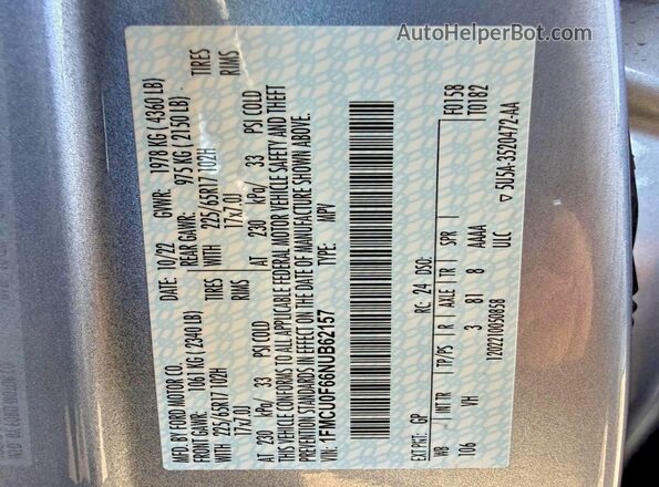 1FMCU0F66NUB62157 2022 FORD ESCAPE Серебряный 