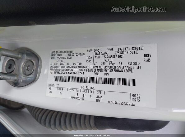 1FMCU0F6XMUA95741 2021 FORD ESCAPE White Widok komory silnika