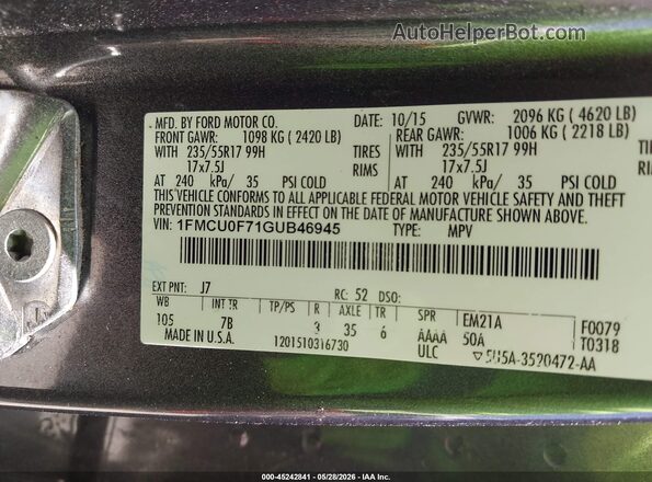1FMCU0F71GUB46945 2016 FORD ESCAPE Gray Вид підкапотного простору