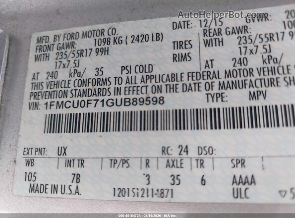 1FMCU0F71GUB89598 2016 FORD ESCAPE Серебряный Вид подкапотного пространства