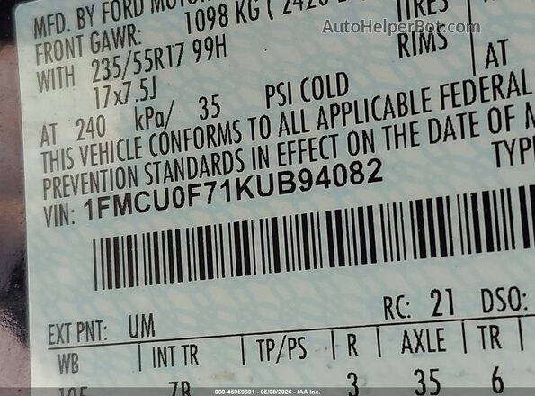 1FMCU0F71KUB94082 2019 FORD ESCAPE Черный Вид подкапотного пространства