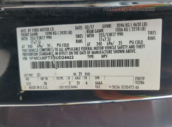 1FMCU0F73HUD24422 2017 FORD ESCAPE Black 360 interior view