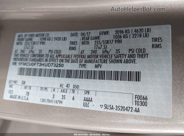 1FMCU0F73HUD73250 2017 FORD ESCAPE Gold Vista del compartimento del motor