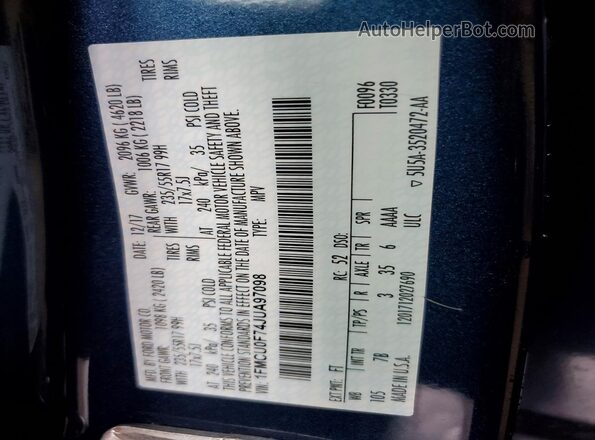 1FMCU0F74JUA97098 2018 FORD ESCAPE Blue VIN կոդի պիտակի տեսք