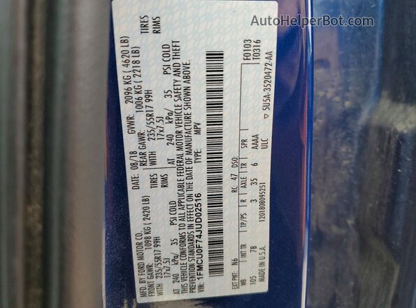1FMCU0F74JUD02516 2018 FORD ESCAPE Blue Engine compartment view