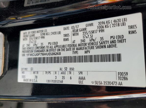 1FMCU0F76HUD28268 2017 FORD ESCAPE Black Widok naklejki z numerem VIN