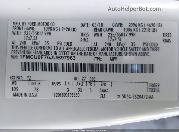 1FMCU0F76JUB97963 2018 FORD ESCAPE White Widok komory silnika