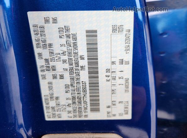 1FMCU0F77HUB50337 2017 FORD ESCAPE Blue Widok naklejki z numerem VIN