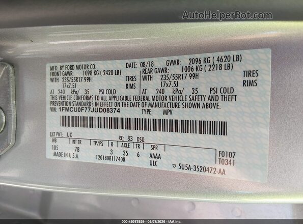 1FMCU0F77JUD08374 2018 FORD ESCAPE Белый Вид подкапотного пространства