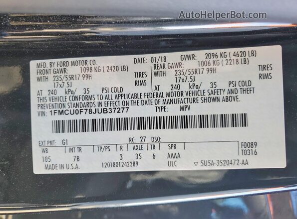 1FMCU0F78JUB37277 2018 FORD ESCAPE Черный Вид наклейки с VIN-кодом