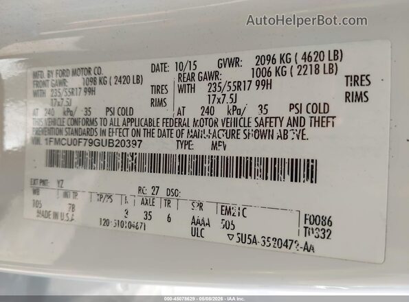 1FMCU0F79GUB20397 2016 FORD ESCAPE Белый Вид подкапотного пространства
